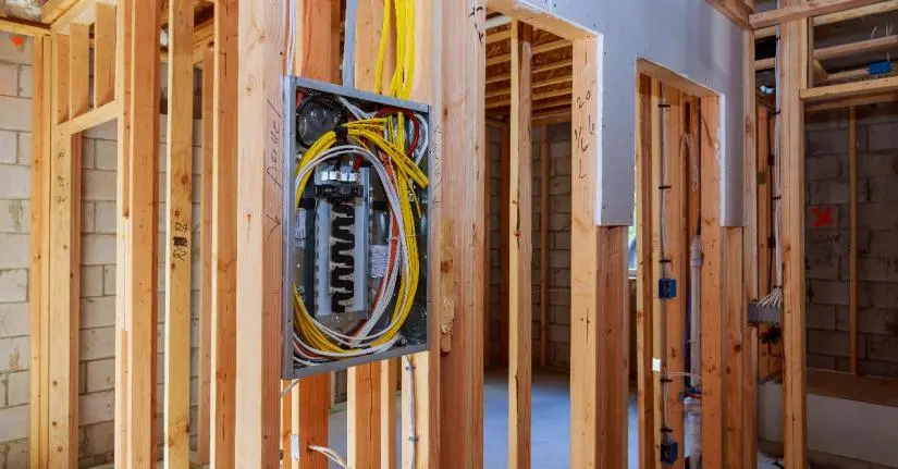 An electrical panel attached to a wood beam in a part of a home with exposed wood framing for a remodel.