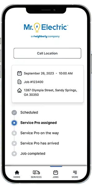 Neighborly App job progress marked 'Service Pro assigned' displayed on smartphone screen.
