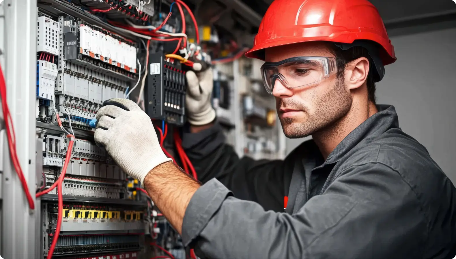 A close-up shot of an electrician wearing a red hard hat, clear safety glasses, a grey jacket, and white gloves inspecting the wiring inside an open electrical panel with various components and colorful wires.