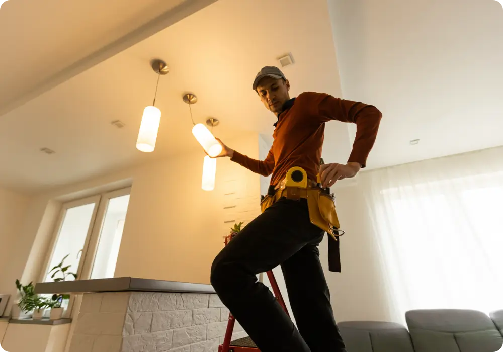 Low angle shot of a handyman on a red step ladder, wearing a burnt orange long-sleeved shirt, black work pants, a grey cap, and a tool belt with a yellow tape measure. He is adjusting the height of two cylindrical white pendant lights in a bright, modern interior.