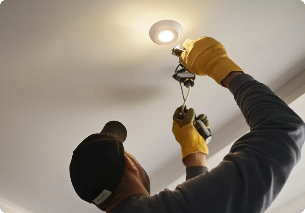 Low angle view of a man wearing a grey long-sleeved shirt, a black backwards baseball cap, and yellow work gloves, wiring a recessed ceiling light fixture that is illuminated against a white ceiling.