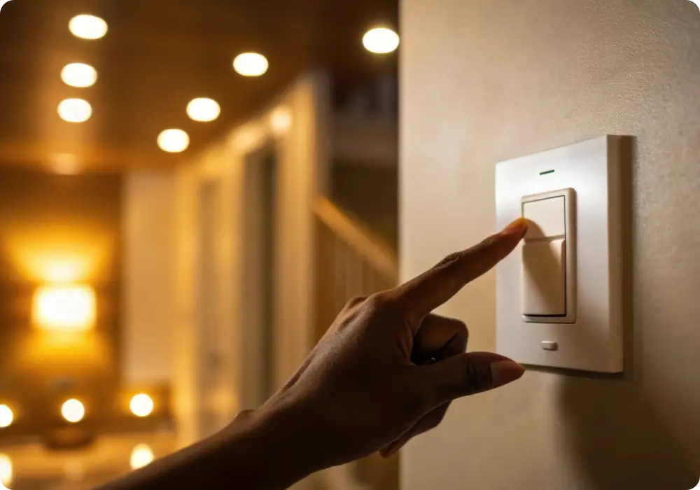 Close-up of a hand with manicured nails pressing the top button of a modern white light switch with a silver trim on a light beige wall. The top button is slightly depressed, indicating it's likely turning the light on. Soft, warm-toned lights are visible blurred in the background.
