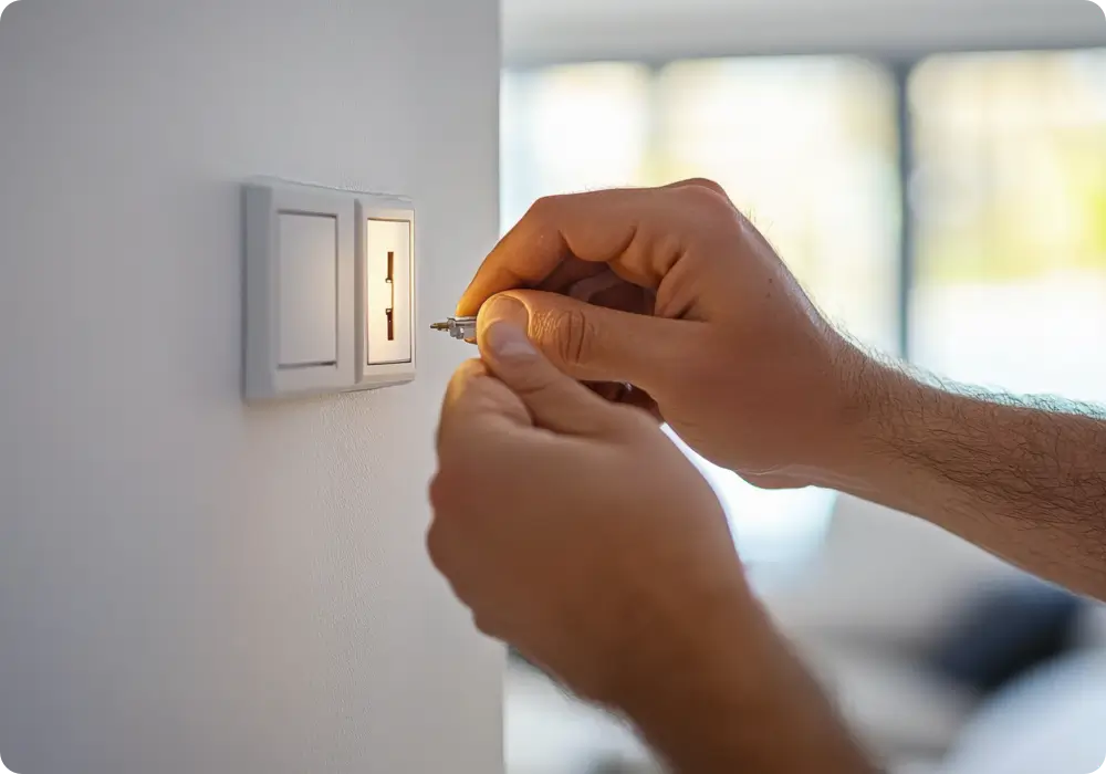 Close-up of two hands working on a double white light switch. One hand holds a small screwdriver, seemingly removing a screw, while the other hand stabilizes the switch plate on a light grey wall.