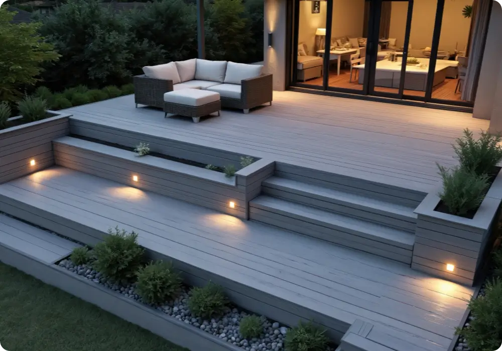 Elevated view of a multi-level modern grey wooden deck and patio at dusk. The deck features recessed warm-toned lighting along the steps and planters, illuminating the outdoor space furnished with a wicker sofa, ottoman, and small plants. A sliding glass door reveals a brightly lit interior.
