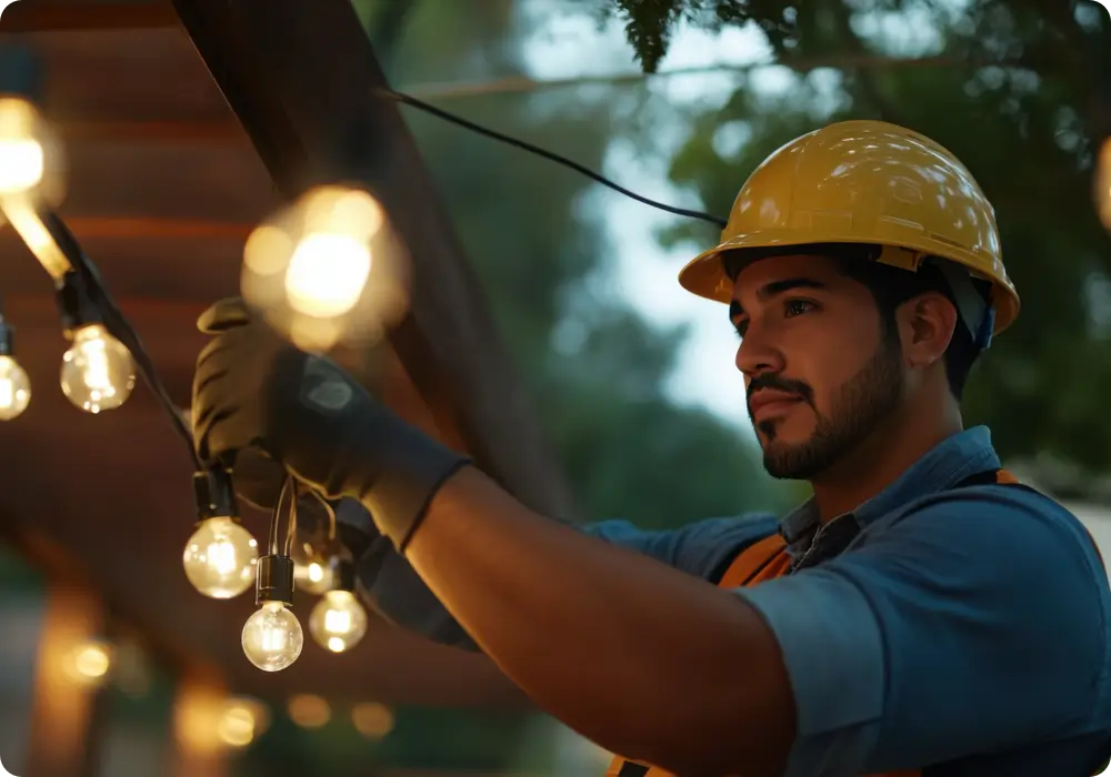 A man with a beard and a yellow hard hat, wearing a blue long-sleeved shirt and black work gloves, is attaching a string of round, warm-toned lights to a wooden structure outdoors. The background shows blurred green foliage.