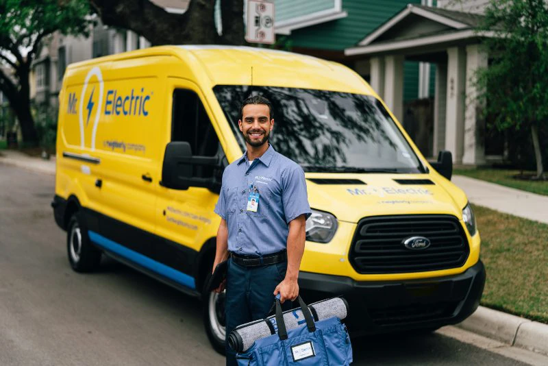 Mr. Electric electrician arriving to perform electrical repair service