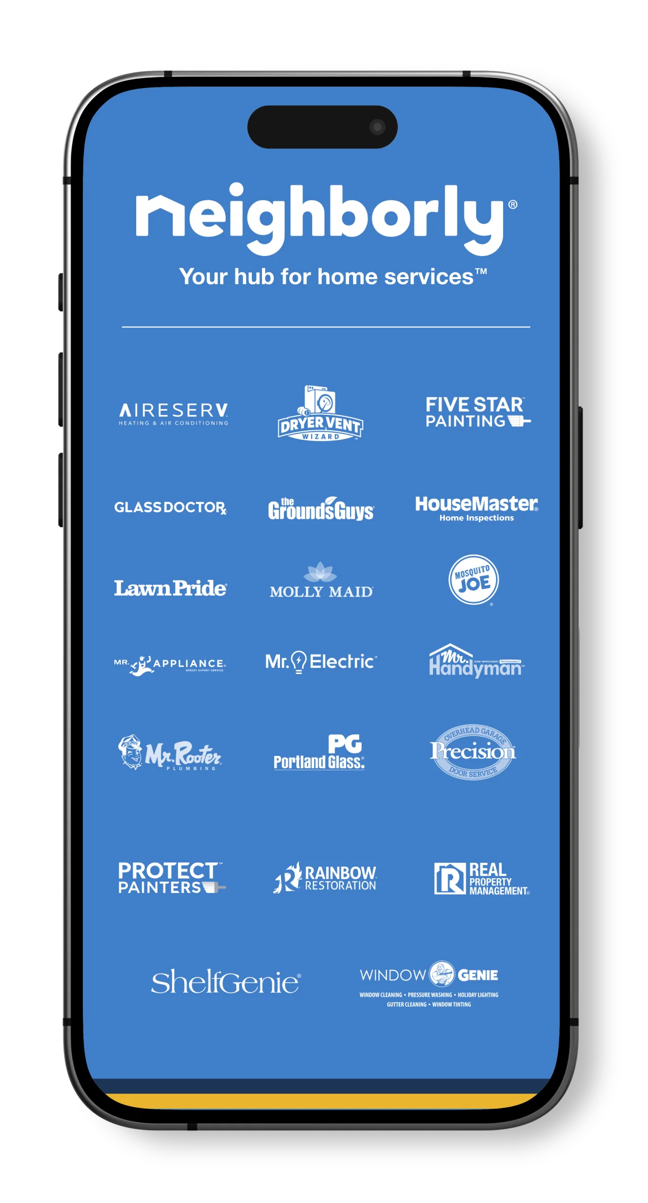 Neighborly app on a mobile phone screen showing all brand logos.