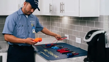 Person using a handheld digital multimeter to test electrical voltage of a wall outlet 