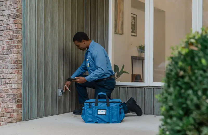 A Mr. Electric service professional inspecting an outdoor outlet.