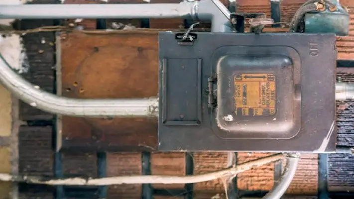 a small metal electrical box mounted on a brick wall with conduit and wires coming out of it.