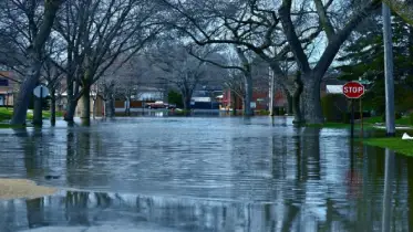 Flooded streets after a storm in a residential neighborhood