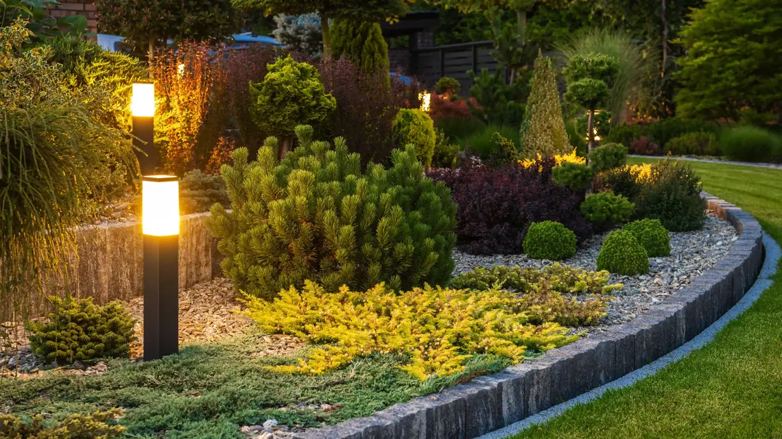 landscape lighting at dusk.