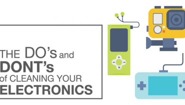 Green MP3 player, blue game console, and yellow video camera.