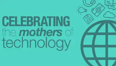 Icons of a globe, light bulb, and floppy disk and text that reads Celebrating the mothers of technology.