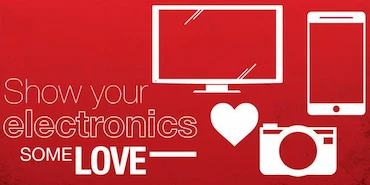 Computer, iPhone, camera, heart icon on red background with title text.